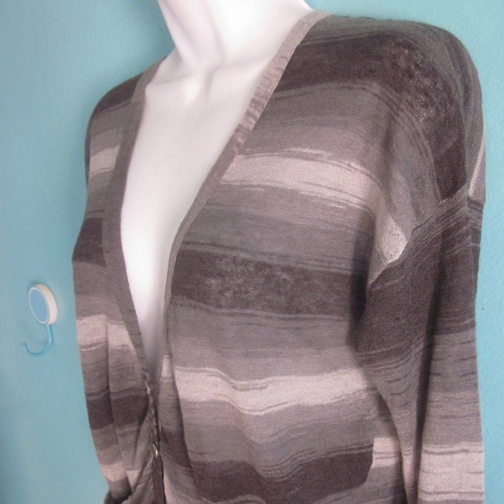 Duffy Linen Knit Cardigan Womens Size M Gray Stripe Adjustable Ruching with Ties